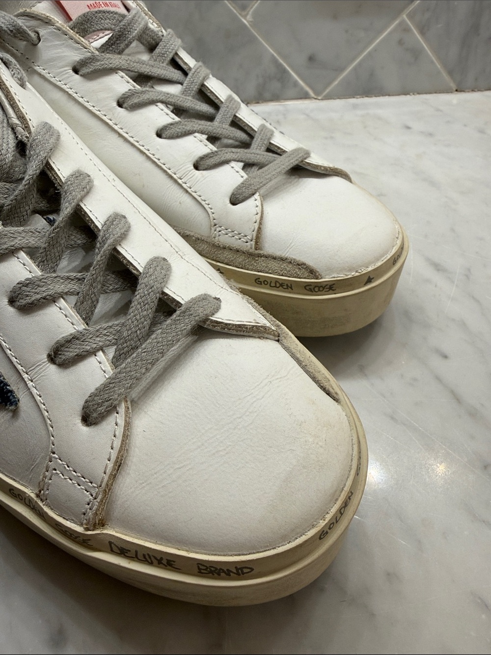 Golden Goose White Leather Sneakers with dark denim Star and Gray Accents - Picture 3 of 5